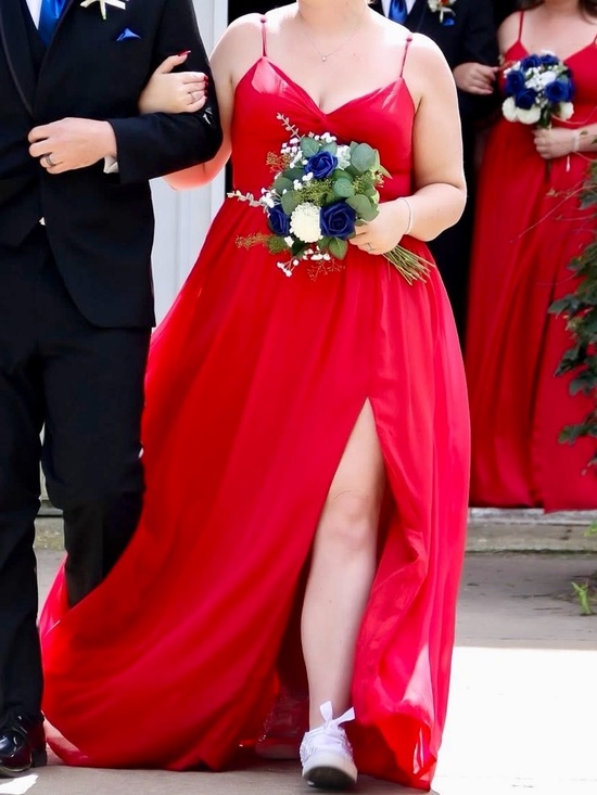 Unaltered Azazie Zeya A14 in Scarlet Spaghetti Strap Bridesmaid Maxi Dress - Picture 12 of 16